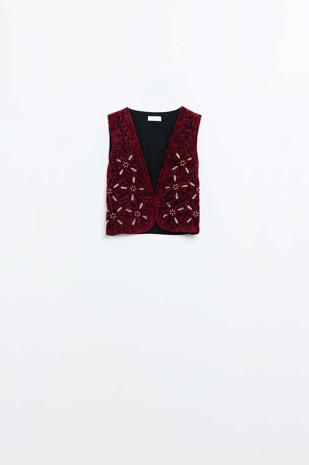 Q2 Women's Vest Beaded Embroidery Velvet Short Vest In Burgundy