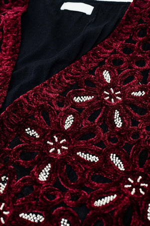 Q2 Women's Vest Beaded Embroidery Velvet Short Vest In Burgundy