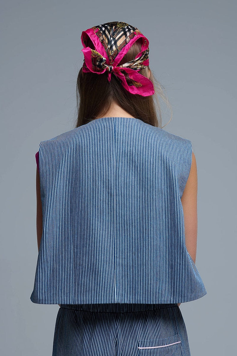 Q2 Women's Vest Blue And White Striped Crew Neck Vest
