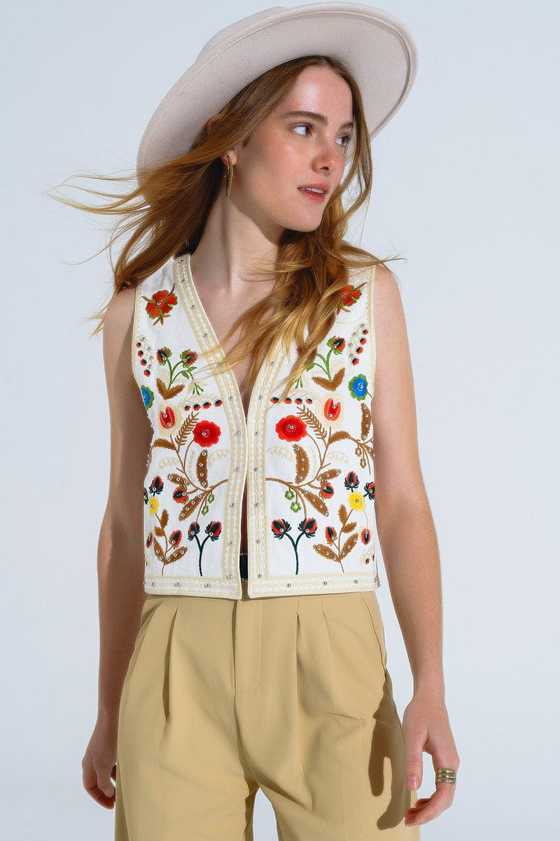 Q2 Women's Vest Cropped Vest With Embroidered Nature Design In White