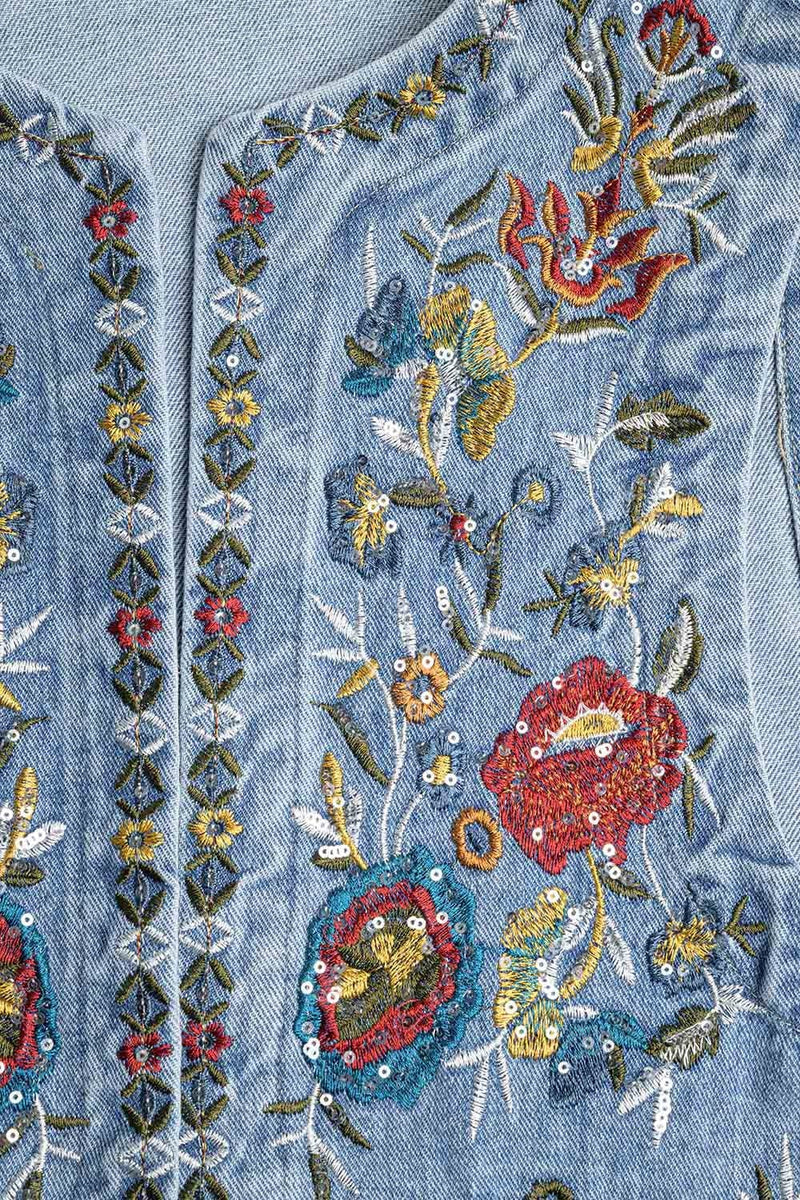 Q2 Women's Vest Denim Vest With Floral Embroidery