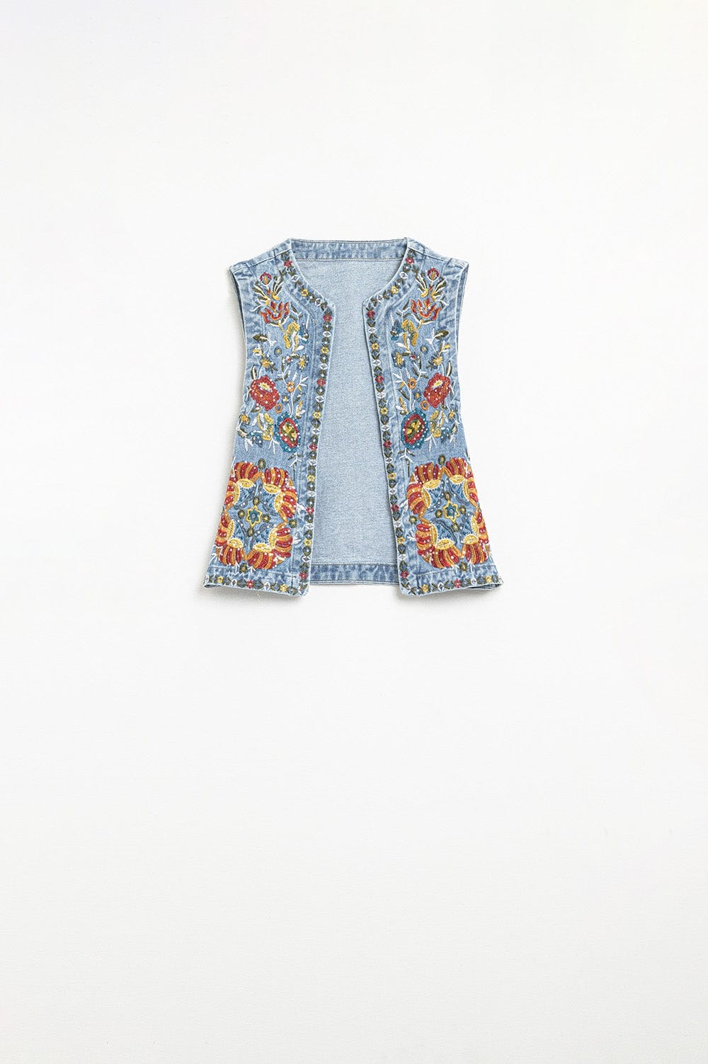 Q2 Women's Vest Denim Vest With Floral Embroidery