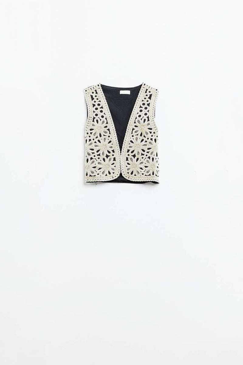 Q2 Women's Vest Embroidery Velvet Short Vest In White