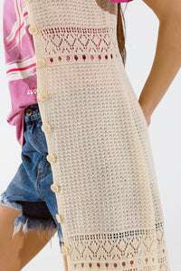 Q2 Women's Vest One Size / Beige Crochet Maxi Vest With Button Closure In Beige