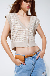 Q2 Women's Vest One Size / Beige Knitted Cropped Vest With Rib Trim In Beige