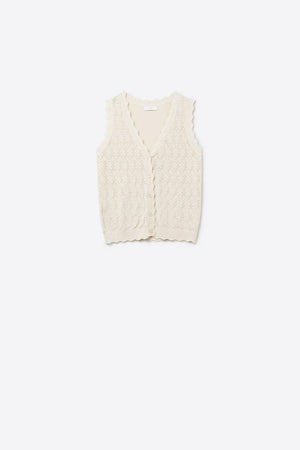 Q2 Women's Vest One Size / Beige Pointelle Knitted Vest With Scalloped Edges In Beige