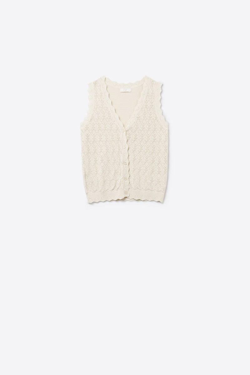 Q2 Women's Vest One Size / Beige Pointelle Knitted Vest With Scalloped Edges In Beige