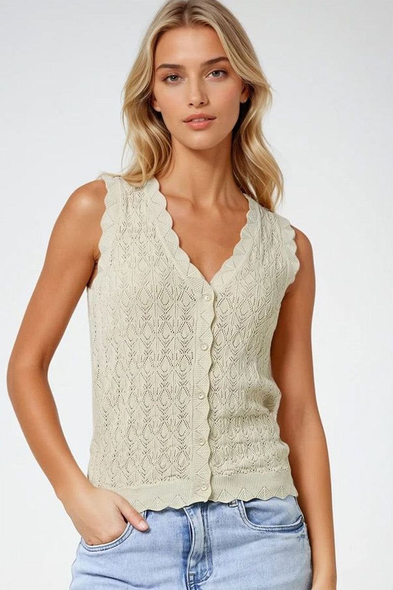 Q2 Women's Vest One Size / Beige Pointelle Knitted Vest With Scalloped Edges In Beige