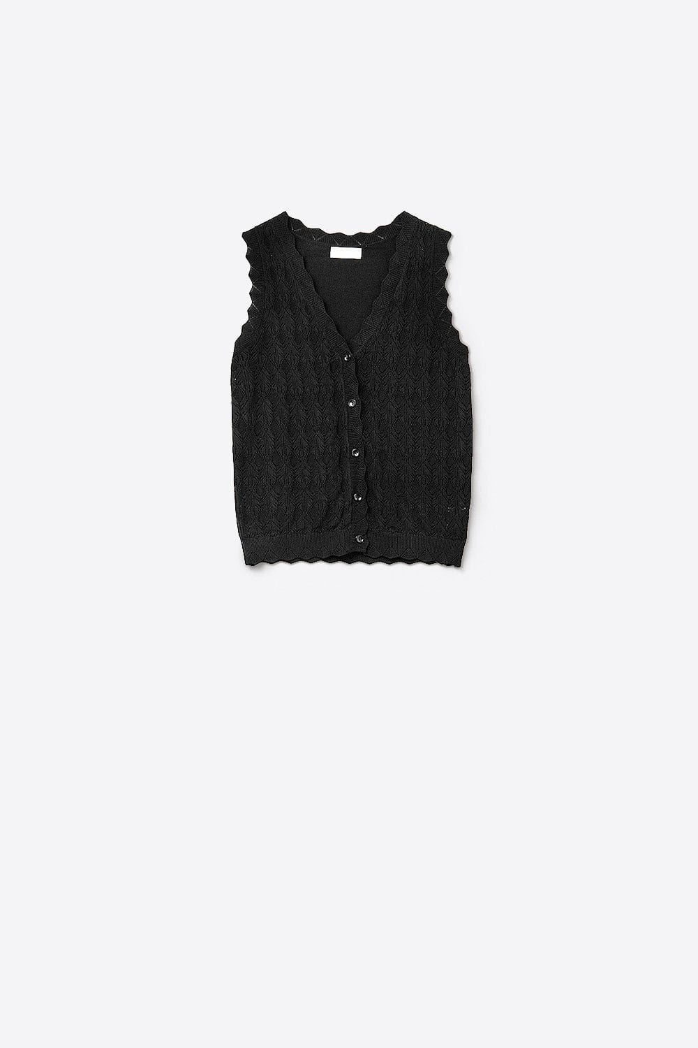 Q2 Women's Vest One Size / Black Pointelle Knitted Vest With Scalloped Edges In Black