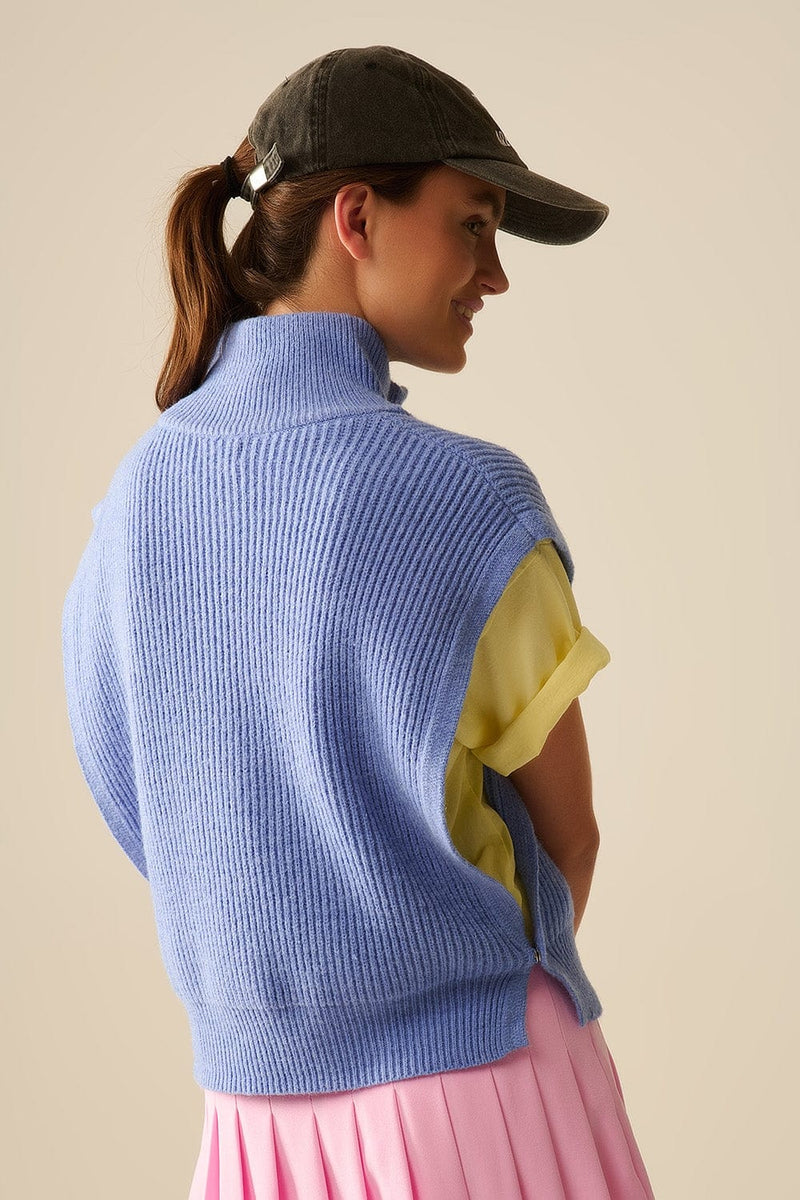 Q2 Women's Vest One Size / Blue Knitted Vest With Half Zip Turtle Neck And Big Arm Holes In Blue
