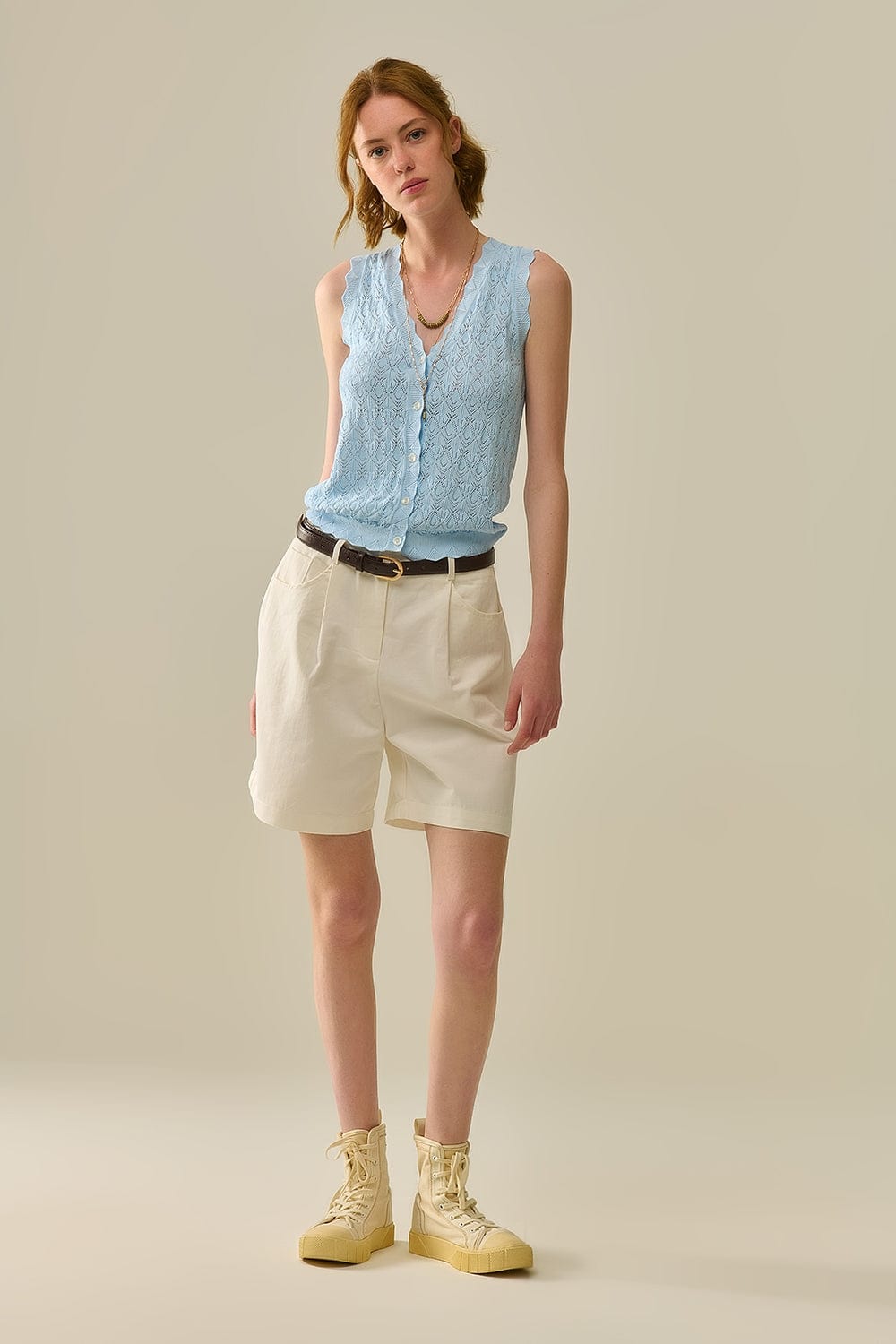 Q2 Women's Vest One Size / Blue Pointelle Knitted Vest With Scalloped Edges In Baby Blue