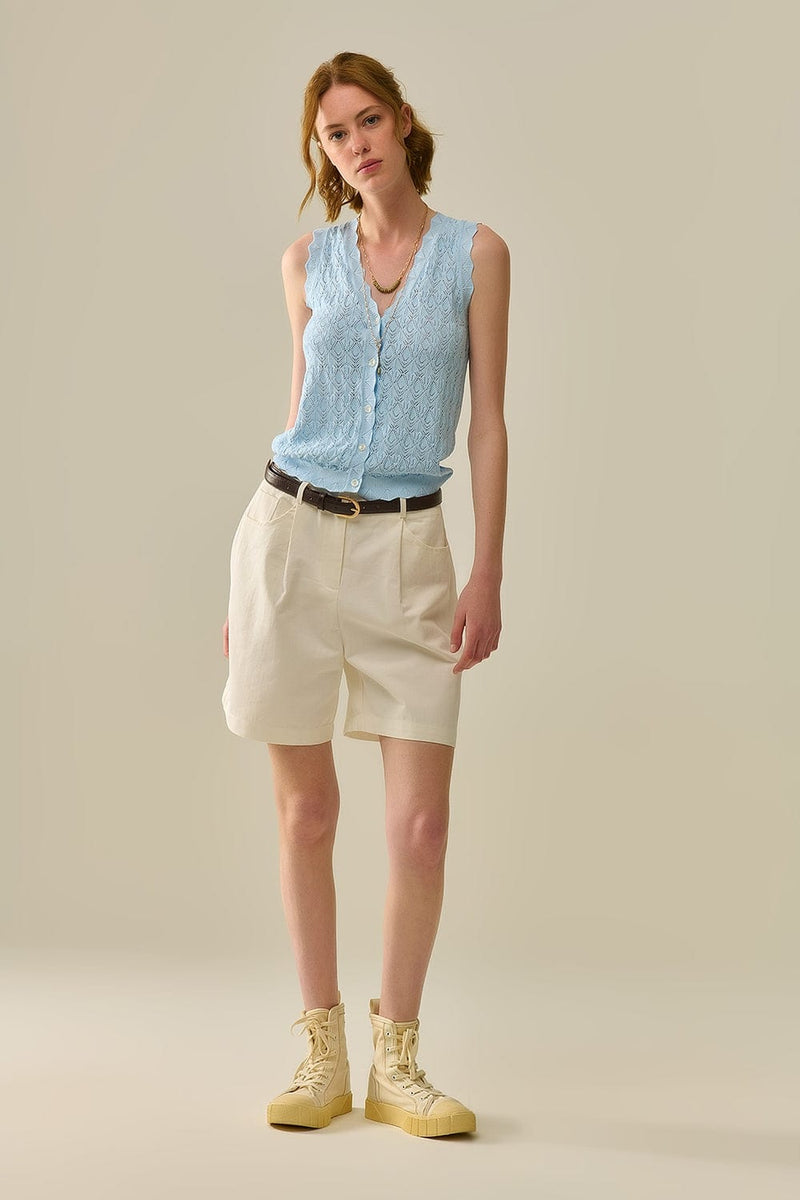 Q2 Women's Vest One Size / Blue Pointelle Knitted Vest With Scalloped Edges In Baby Blue