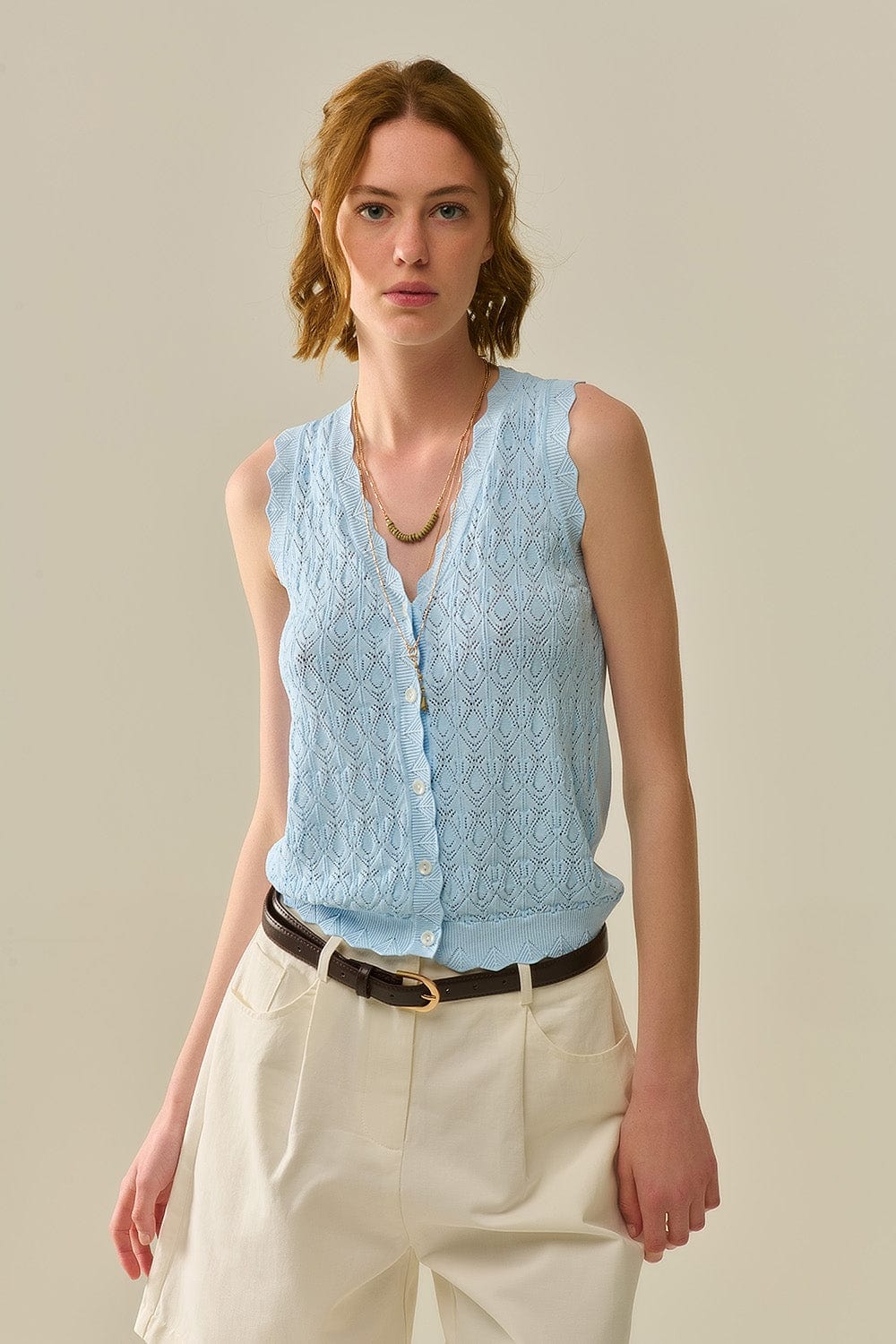 Q2 Women's Vest One Size / Blue Pointelle Knitted Vest With Scalloped Edges In Baby Blue