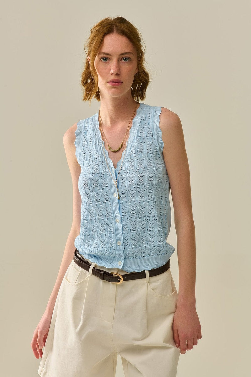 Q2 Women's Vest One Size / Blue Pointelle Knitted Vest With Scalloped Edges In Baby Blue