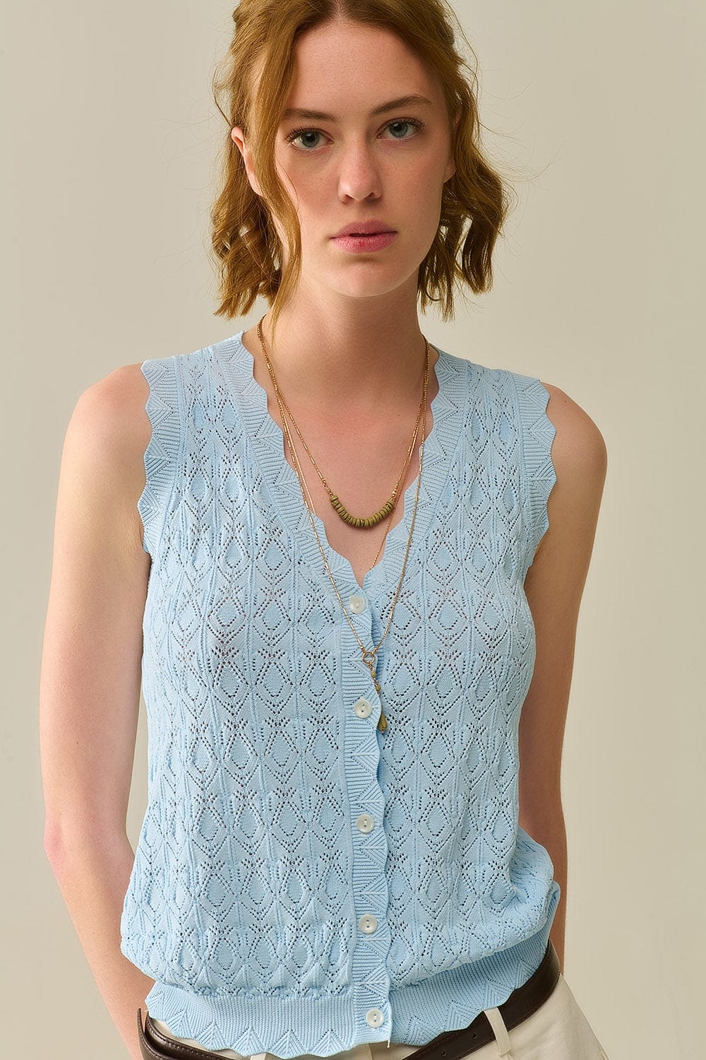 Q2 Women's Vest One Size / Blue Pointelle Knitted Vest With Scalloped Edges In Baby Blue