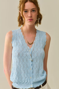 Q2 Women's Vest One Size / Blue Pointelle Knitted Vest With Scalloped Edges In Baby Blue