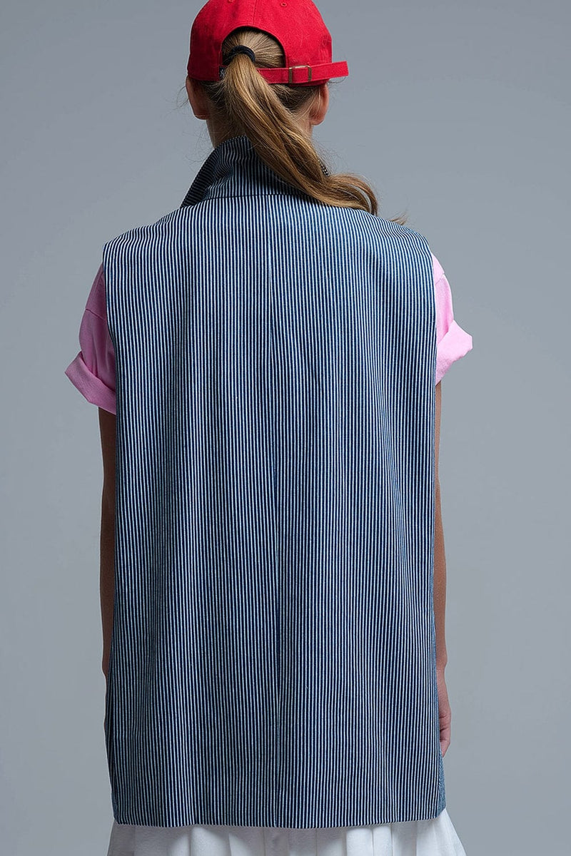 Q2 Women's Vest One Size / Blue Shawl Collar Long Striped Vest In Blue And White