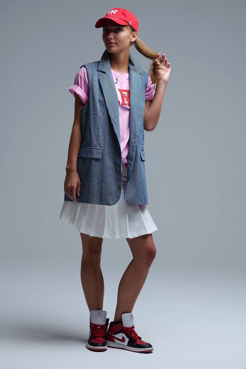 Q2 Women's Vest One Size / Blue Shawl Collar Long Striped Vest In Blue And White