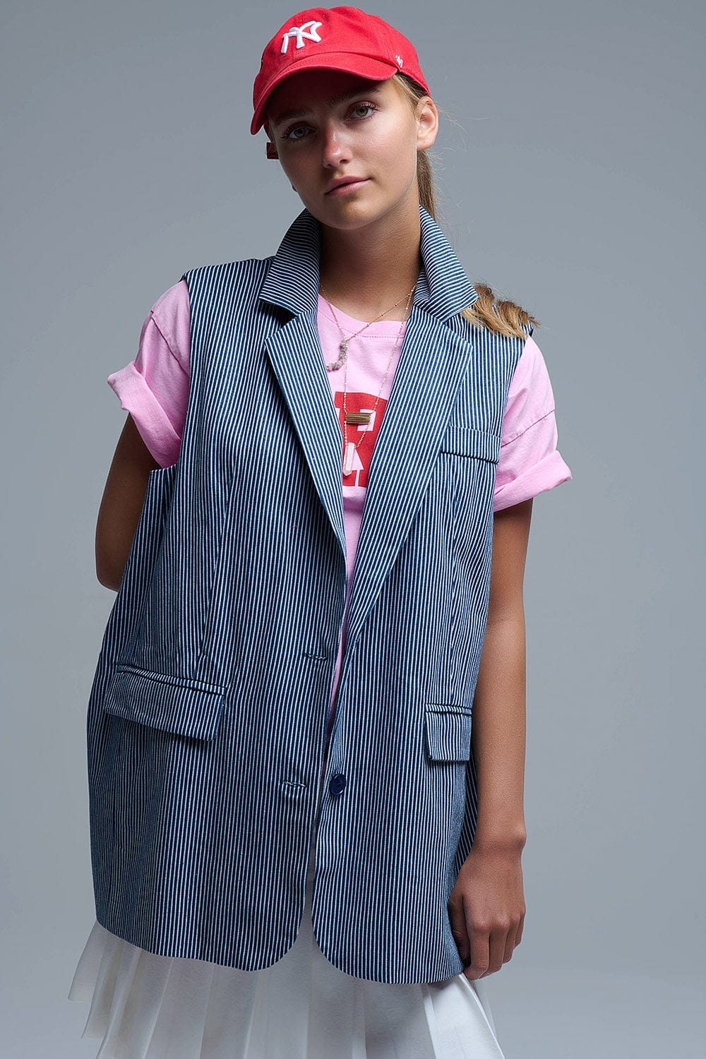 Q2 Women's Vest One Size / Blue Shawl Collar Long Striped Vest In Blue And White