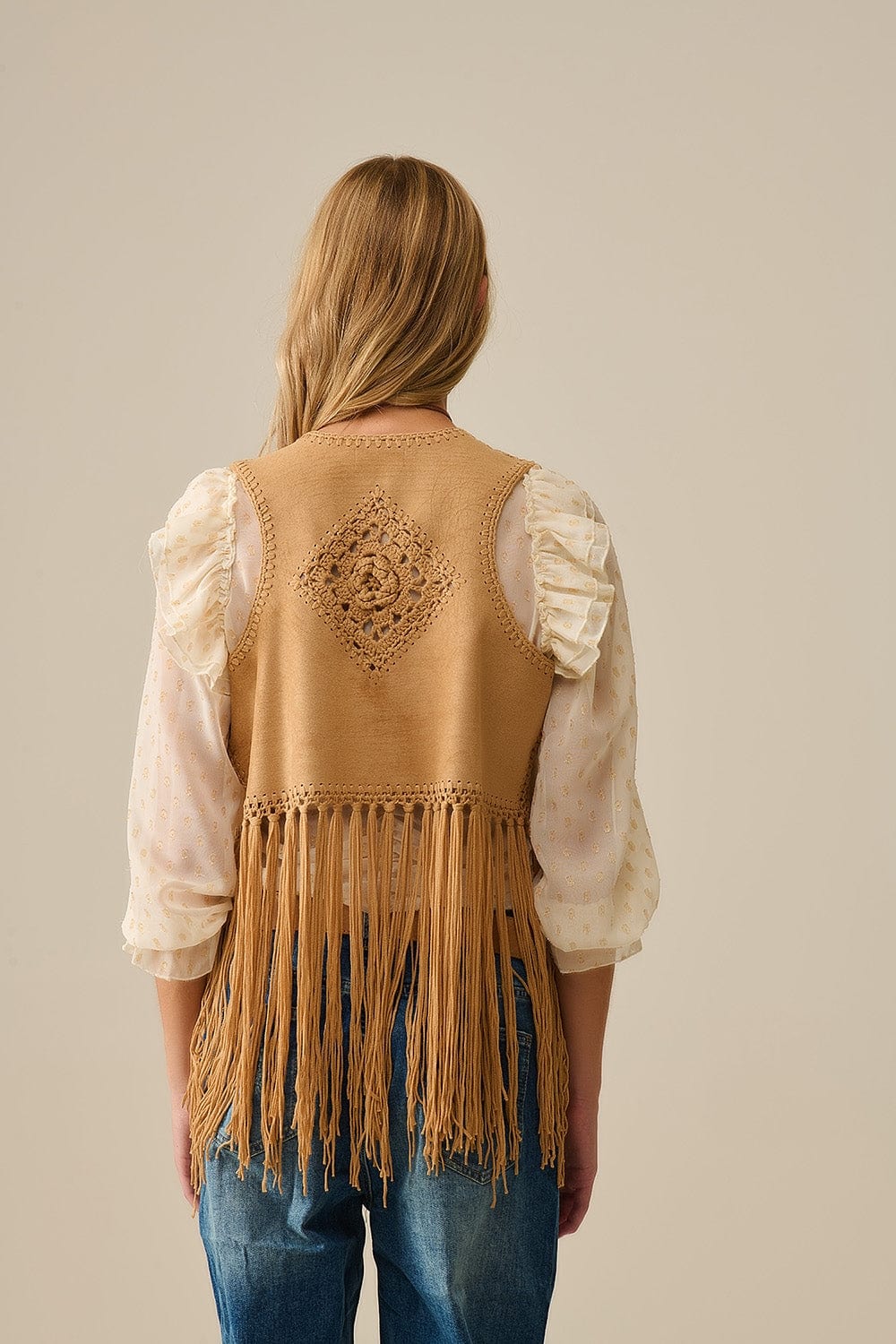 Q2 Women's Vest One Size / Brown Cowgirl Style Fringe Faux Suede Vest In Camel