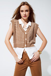 Q2 Women's Vest One Size / Brown Knitted Cropped Vest With Rib Trim In Brown