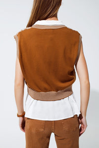 Q2 Women's Vest One Size / Brown Knitted Cropped Vest With Rib Trim In Brown