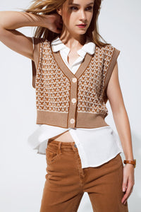 Q2 Women's Vest One Size / Brown Knitted Cropped Vest With Rib Trim In Brown