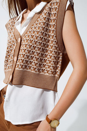 Knitted Cropped Vest With Rib Trim In Brown