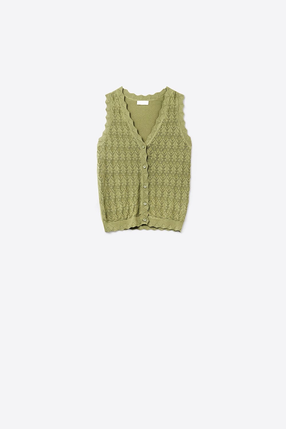 Q2 Women's Vest One Size / Green Pointelle Knitted Vest With Scalloped Edges In Khaki