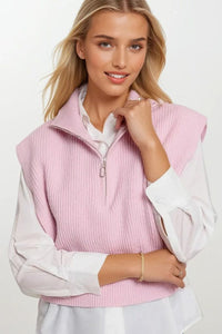 Q2 Women's Vest One Size / Pink Knitted Vest With High Half-Zip Collar And Large Armholes In Pink