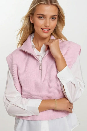 Q2 Women's Vest One Size / Pink Knitted Vest With High Half-Zip Collar And Large Armholes In Pink