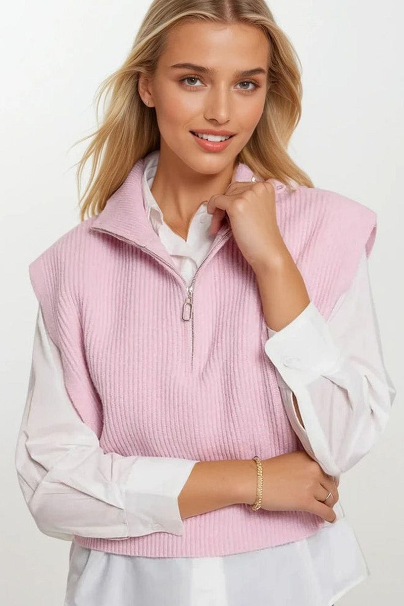 Q2 Women's Vest One Size / Pink Knitted Vest With High Half-Zip Collar And Large Armholes In Pink