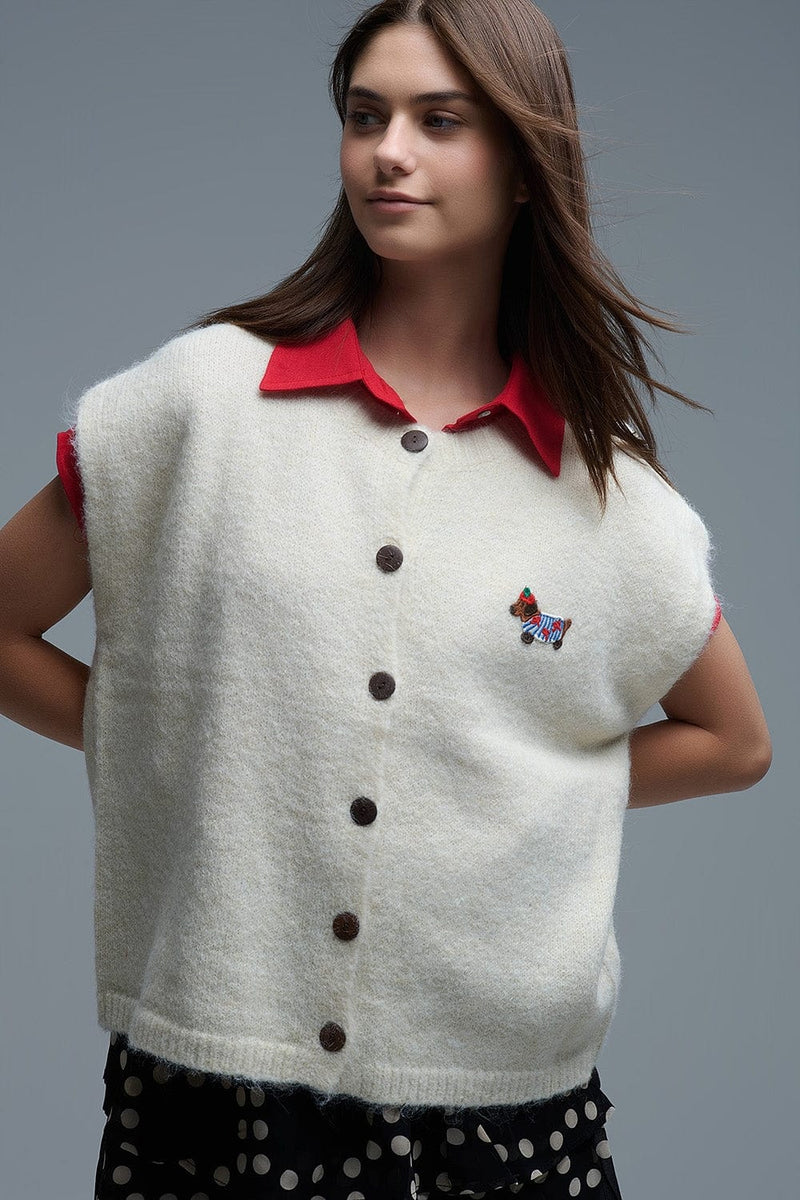 Q2 Women's Vest One Size / White Cream Relaxed Knitted Vest With Embroidered Cute Dog Detail