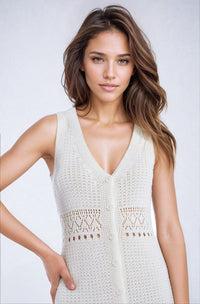 Q2 Women's Vest One Size / White Crochet Maxi Vest With Button Closure In White