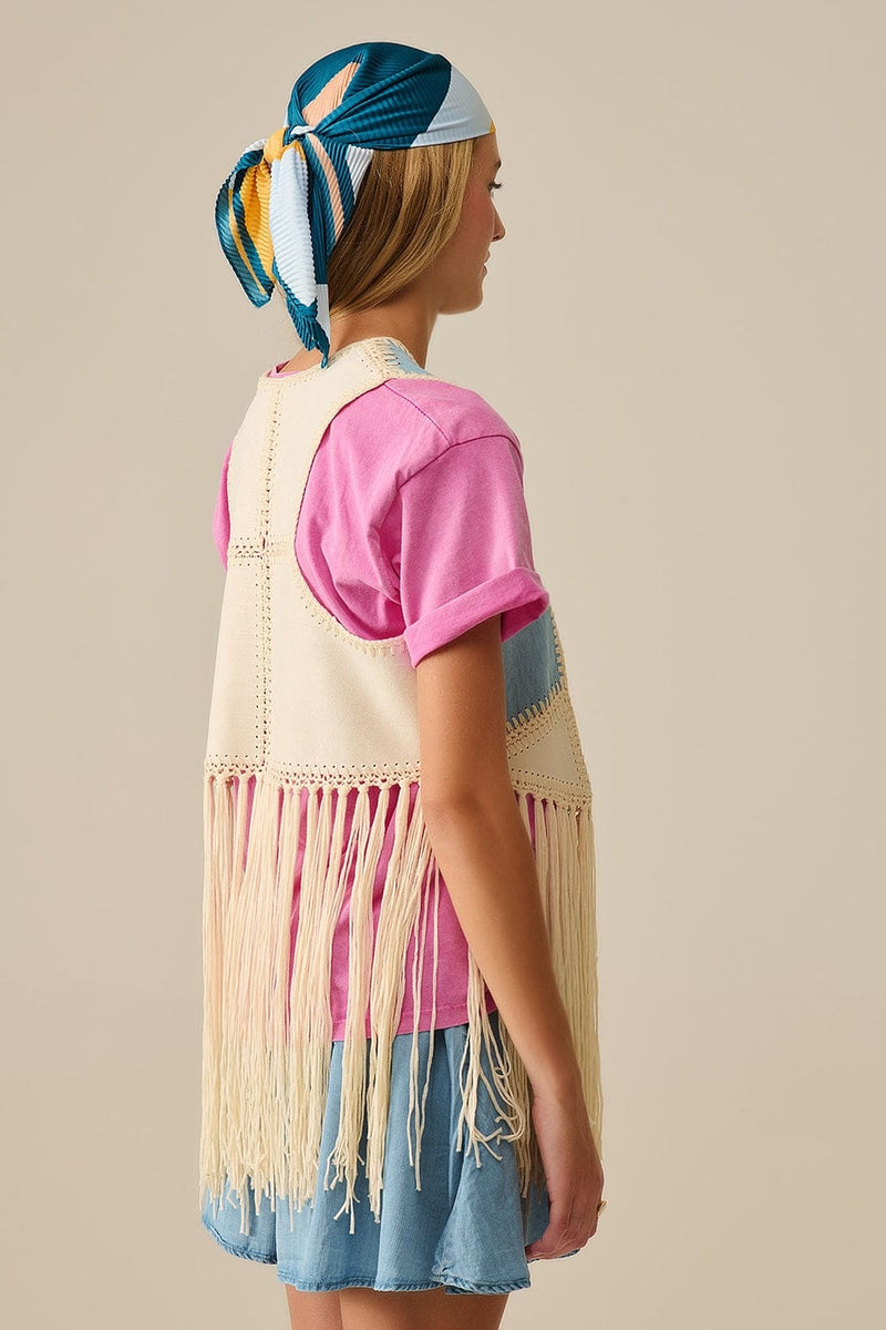 Q2 Women's Vest One Size / White Faux Leather Vest With Patchwork And Fringe Detail