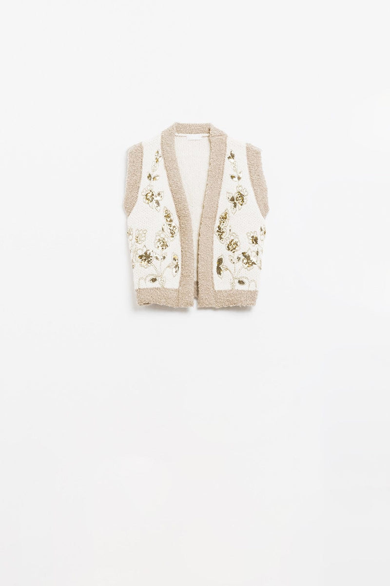 Q2 Women's Vest One Size / White Flower Embroidered Knitted Vest In Ecru