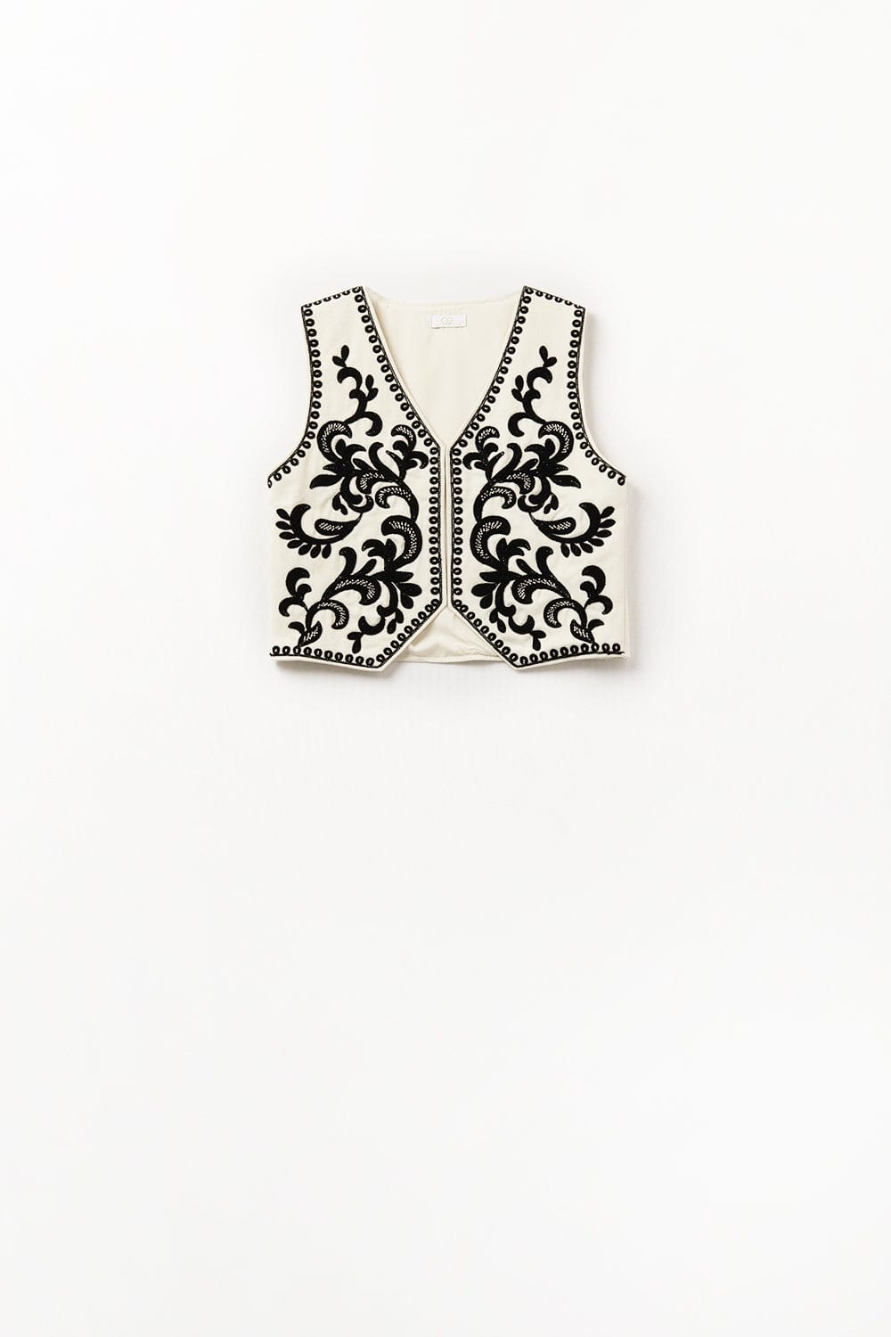 Q2 Women's Vest White Vest With Black Baroque Embroidered