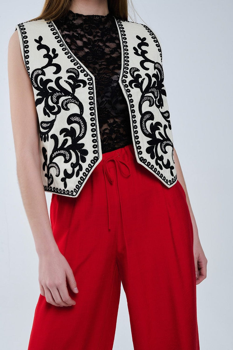 Q2 Women's Vest White Vest With Black Baroque Embroidered