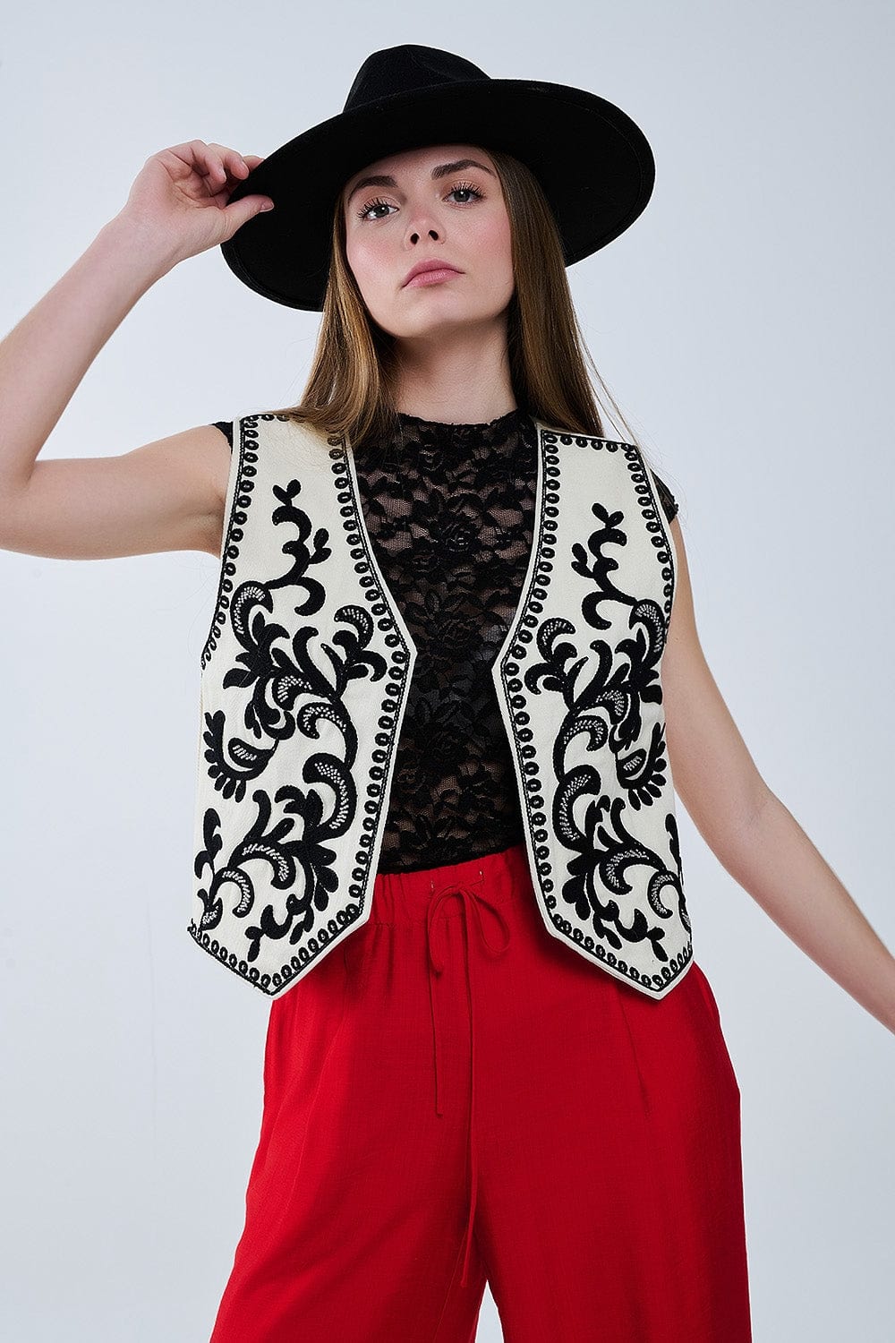 Q2 Women's Vest White Vest With Black Baroque Embroidered
