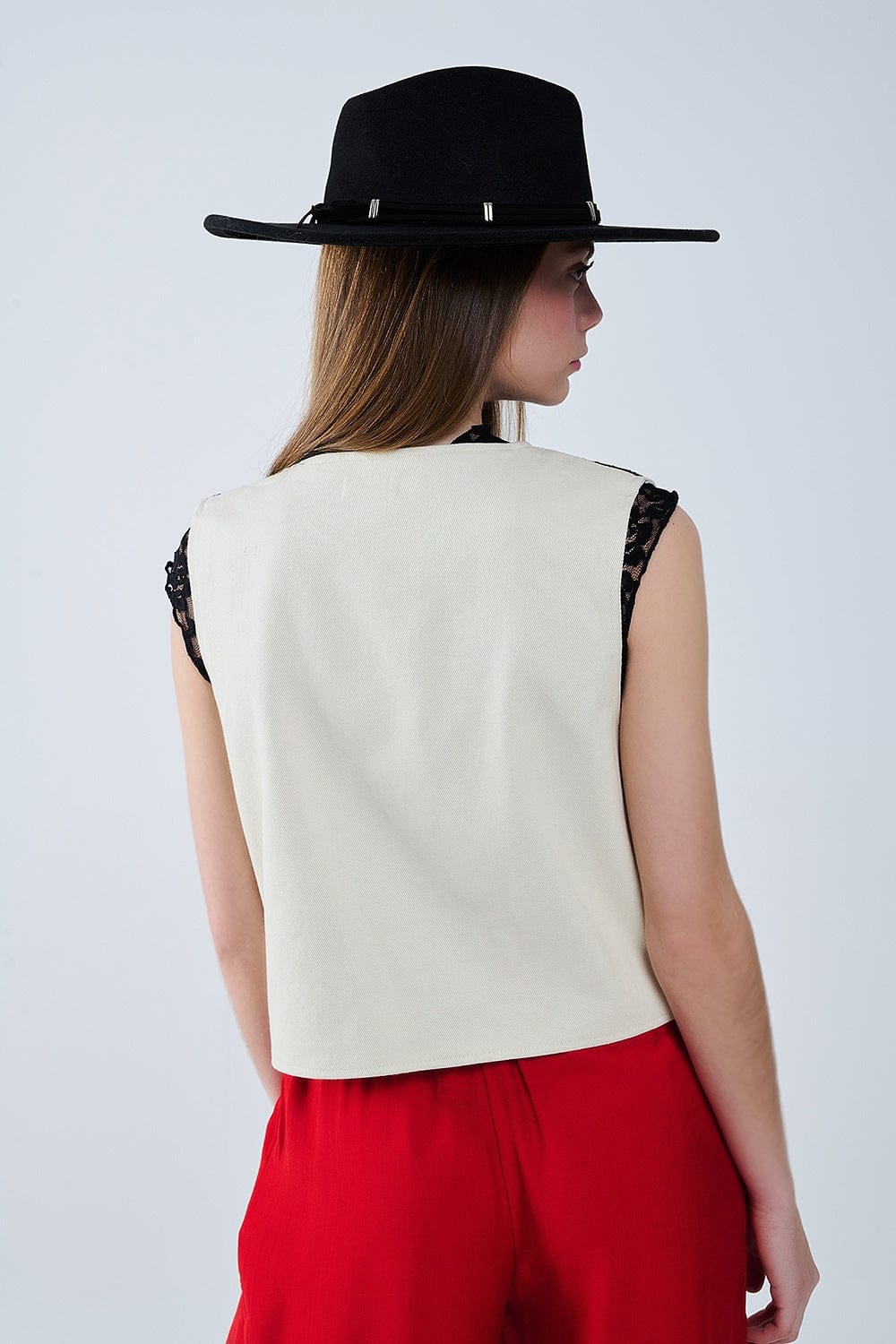 Q2 Women's Vest White Vest With Black Baroque Embroidered