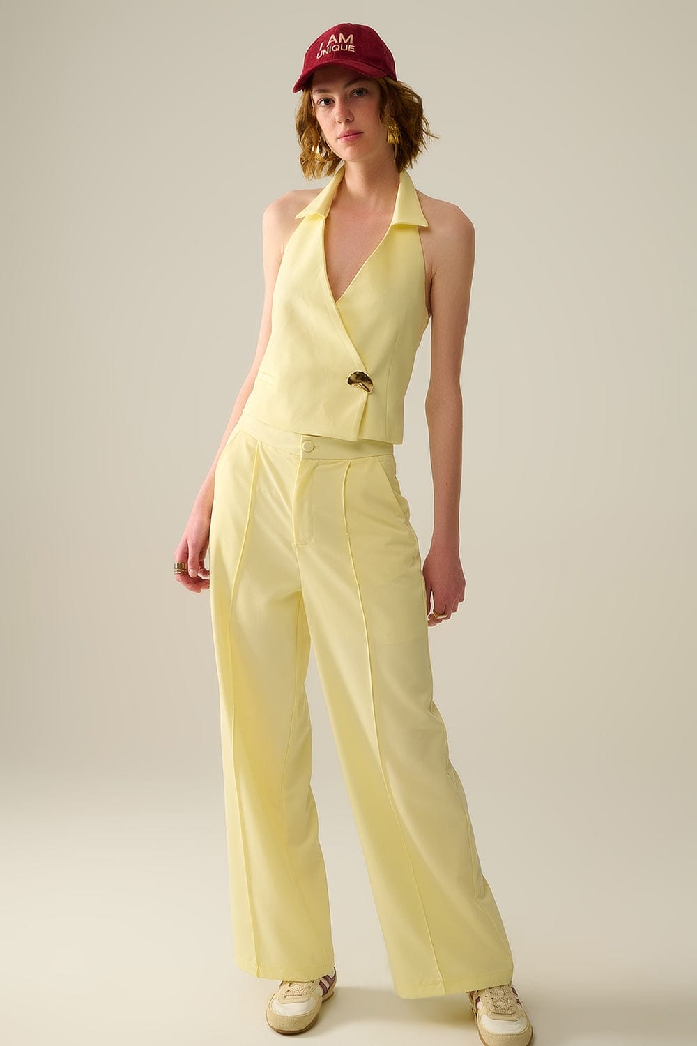 Q2 Women's Vest Yellow Wrap Vest With Detailed Gold Button