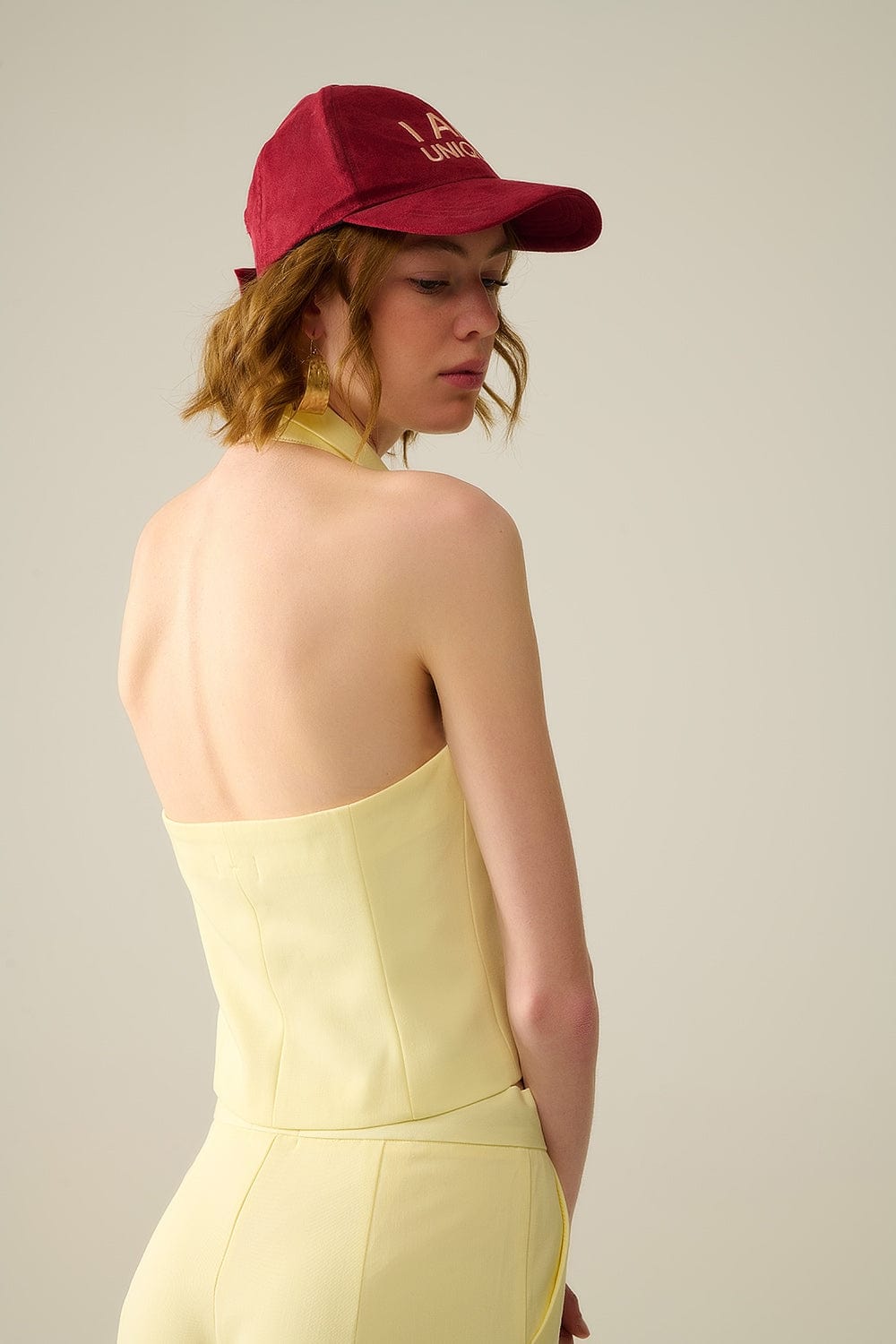 Q2 Women's Vest Yellow Wrap Vest With Detailed Gold Button