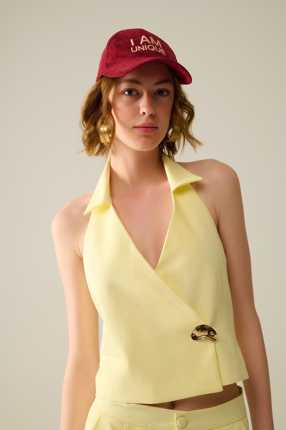Q2 Women's Vest Yellow Wrap Vest With Detailed Gold Button