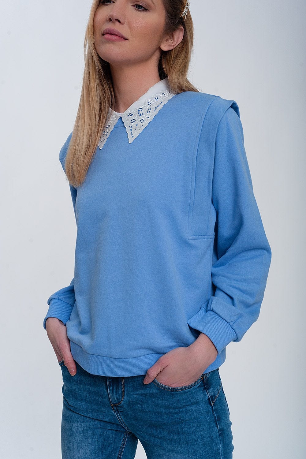 Q2 Women's Women's Sweatshirt Boyfriend Sweatshirt with Shoulder Details in Blue