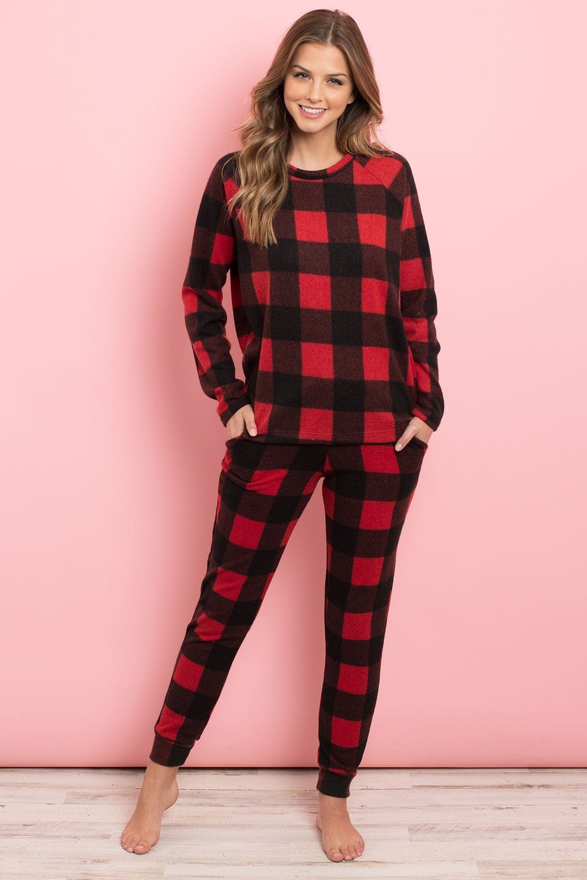 Riah Fashion Women's Pajama Set Medium Riah Brushed Plaid Top and Joggers Set With Self Tie