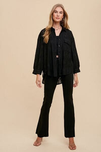 Annie Wear Openwork Button Down Drop Shoulder Shirt