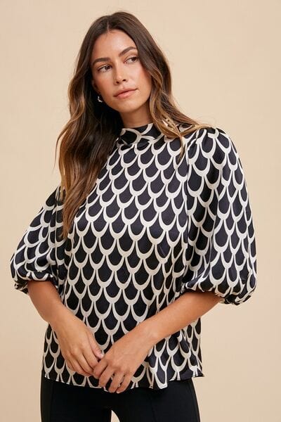 Annie Wear Tie Back Abstract Print Mock Neck Half Sleeve Blouse