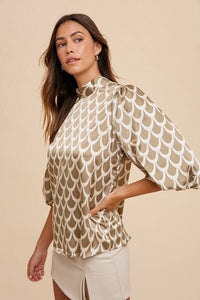 Annie Wear Tie Back Abstract Print Mock Neck Half Sleeve Blouse