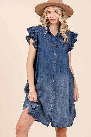 Mittoshop Washed Chambray Ruffle Sleeve Buttoned Mini Dress