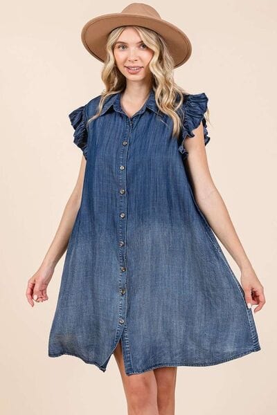 Mittoshop Washed Chambray Ruffle Sleeve Buttoned Mini Dress